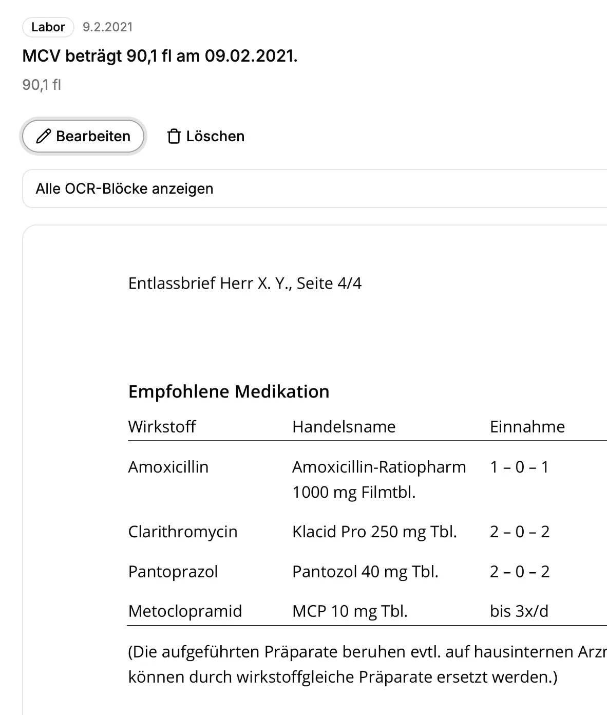 Aufgeklappter Befund mit Verweis auf die Stelle im Originaldokument, aus dem die Information stammt. Synthetische Demodaten.